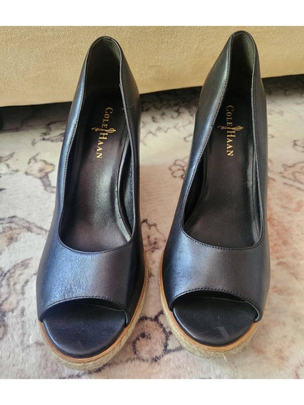 Cole Haan Women's Sz. 7.5 Black Leather Peep Toe Wedge Sandals - Picture 2 of 7